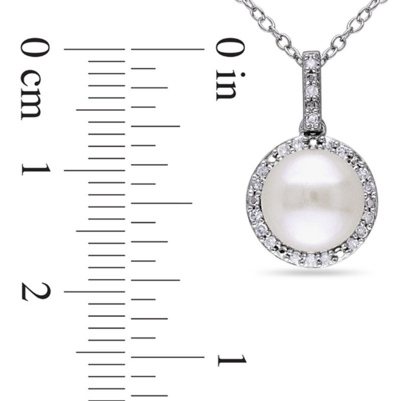 8.0 - 8.5mm Button Cultured Freshwater Pearl and 0.10 CT. T.W. Diamond Frame Drop Pendant in Sterling Silver