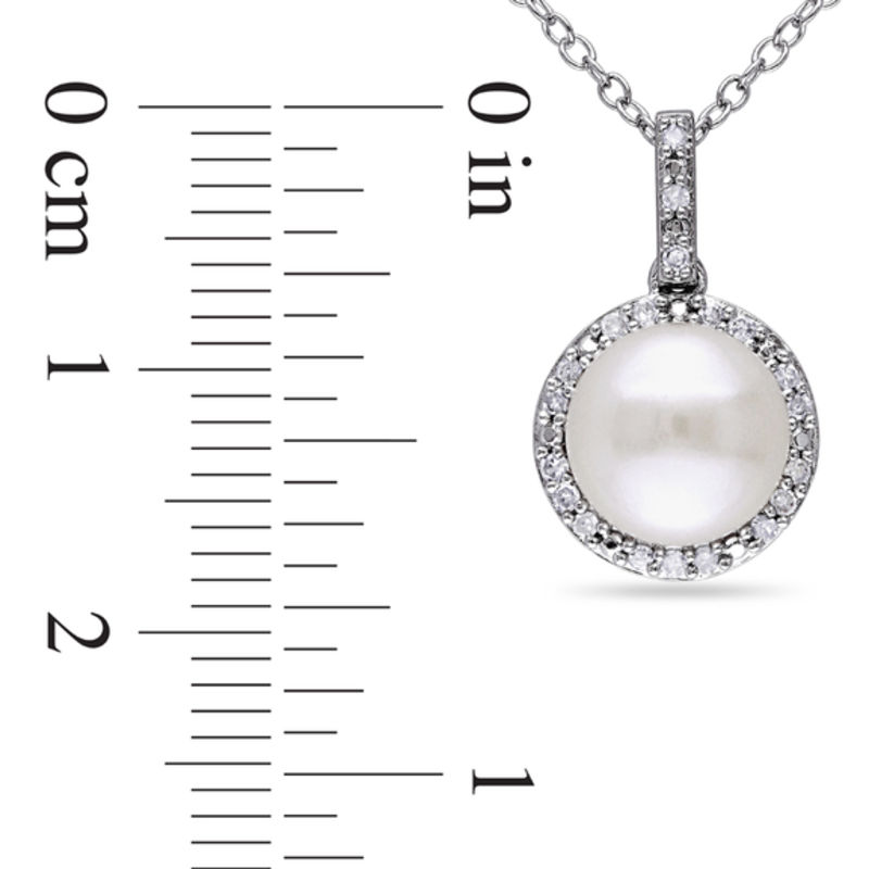 Main Image 2 of 8.0-8.5mm Button Freshwater Cultured Pearl and 0.10 CT. T.W. Diamond Frame Drop Pendant in Sterling Silver