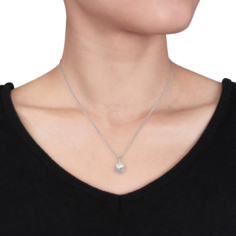 Main Image 3 of 8.0-8.5mm Button Freshwater Cultured Pearl and 0.10 CT. T.W. Diamond Frame Drop Pendant in Sterling Silver