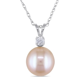 9.0-9.5mm Dyed Pink Freshwater Cultured Pearl and White Lab-Created Sapphire Pendant in 14K White Gold