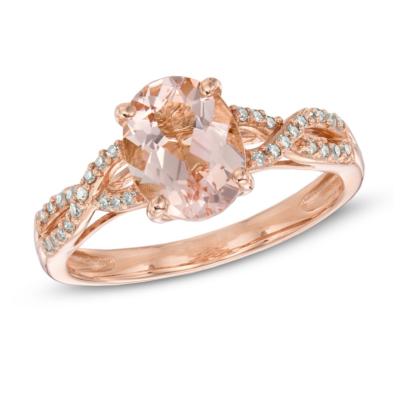 Main Image 1 of Oval Morganite and 0.09 CT. T.W. Diamond Twist Ring in 10K Rose Gold