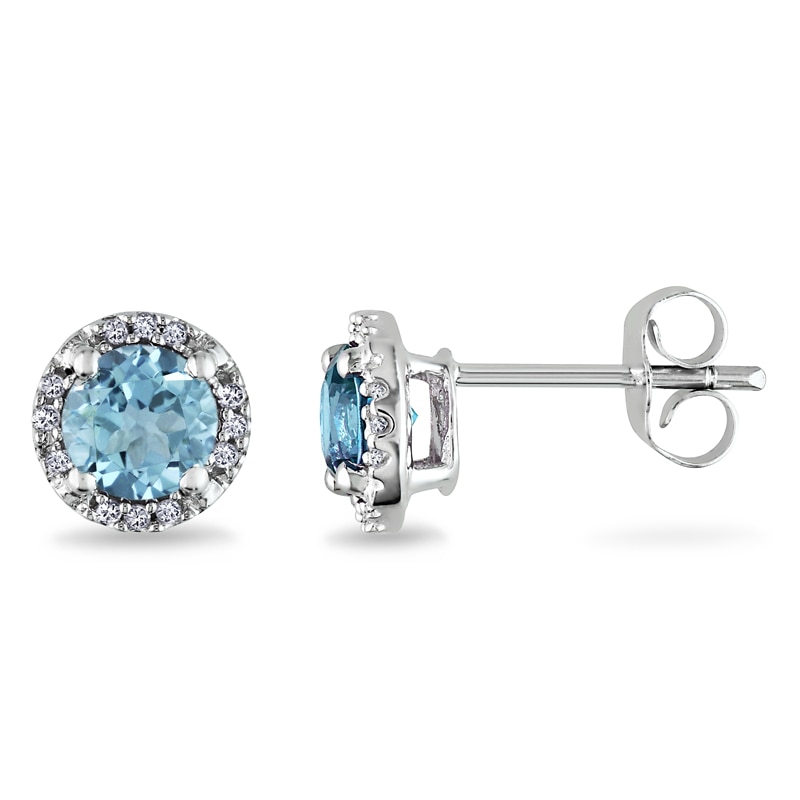 5.0mm Blue Topaz and Diamond Accent Frame Stud Earrings in 10K White Gold|Peoples Jewellers