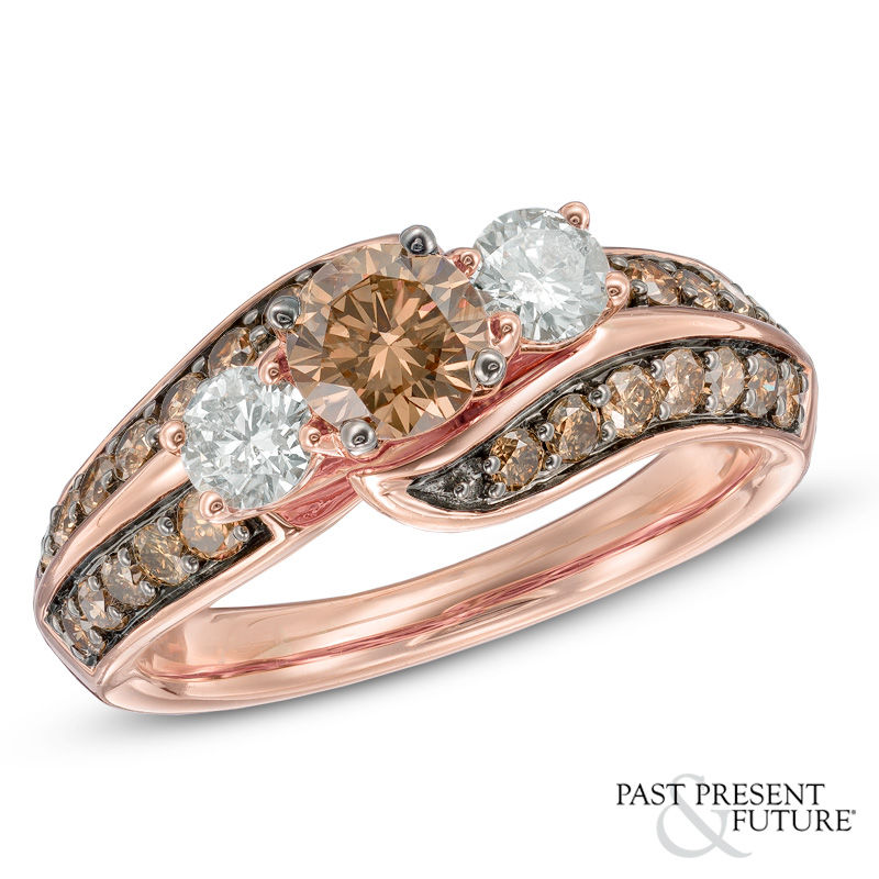 Main Image 1 of 1.50 CT. T.W. Champagne and White Diamond Bypass Past Present Future® Ring in 14K Rose Gold