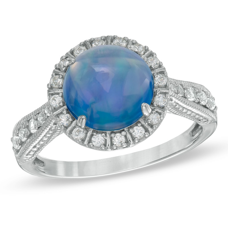 9.0mm Lab-Created Blue Opal and White Sapphire Frame Ring in Sterling Silver