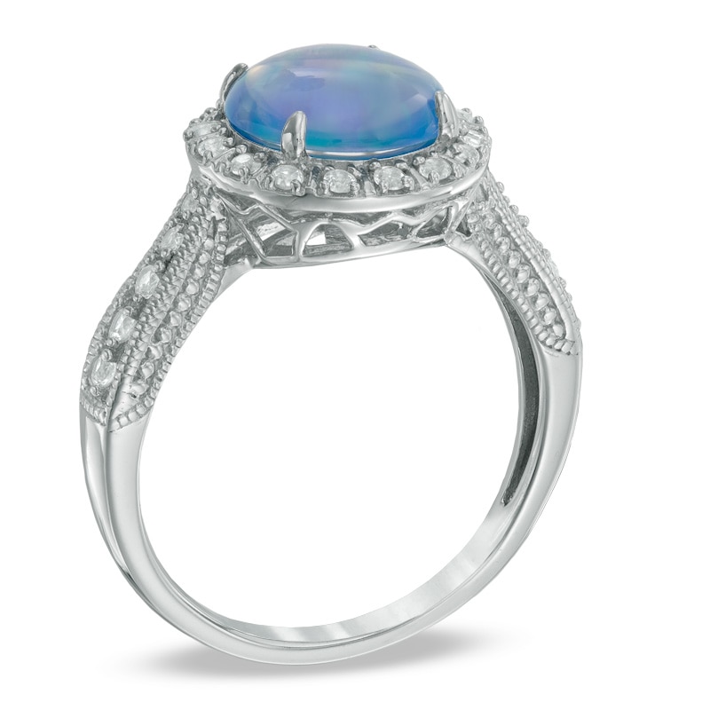 9.0mm Lab-Created Blue Opal and White Sapphire Frame Ring in Sterling Silver