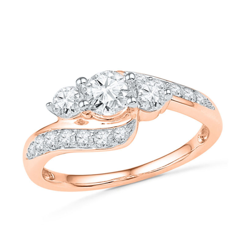 Lab-Created White Sapphire Three Stone Bypass Ring in 10K Rose Gold