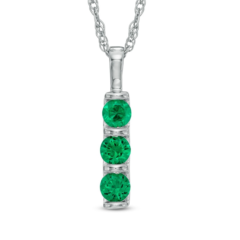 Main Image 1 of Lab-Created Emerald Three Stone Pendant in 10K White Gold