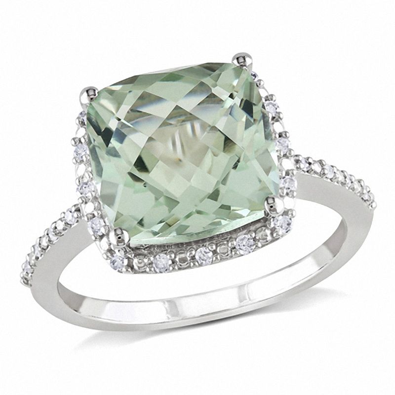 10.0mm Cushion-Cut Green Quartz and 0.10 CT. T.W. Diamond Frame Ring in 10K White Gold|Peoples Jewellers