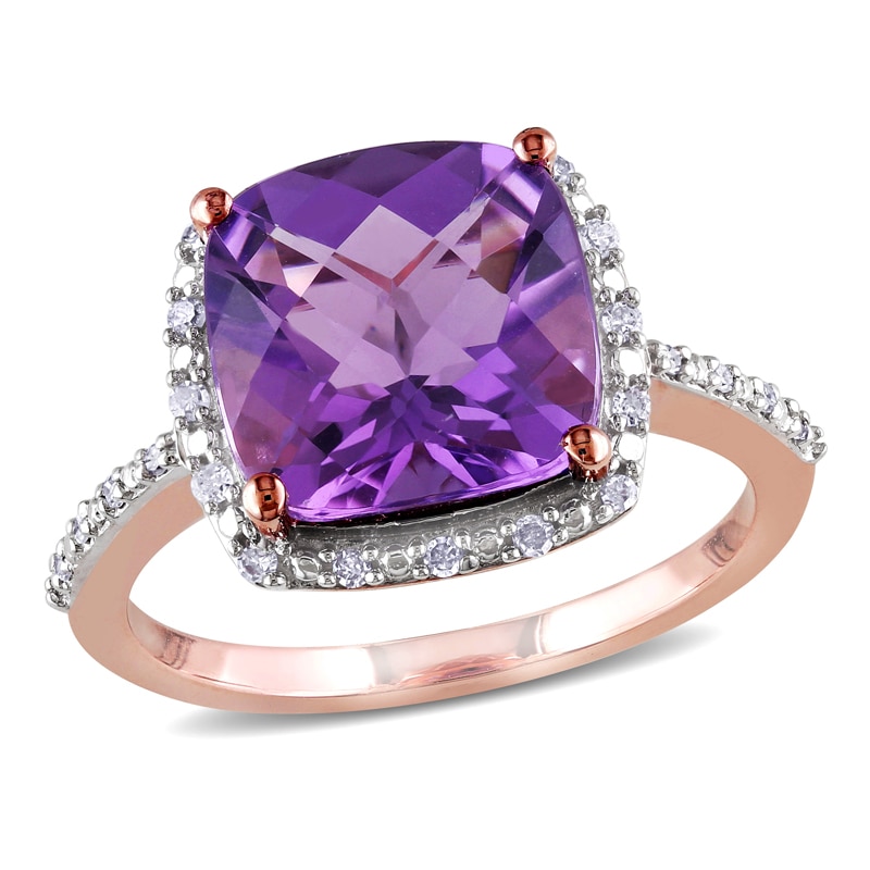 Main Image 1 of 10.0mm Cushion-Cut Amethyst and 0.10 CT. T.W. Diamond Frame Ring in 10K Rose Gold