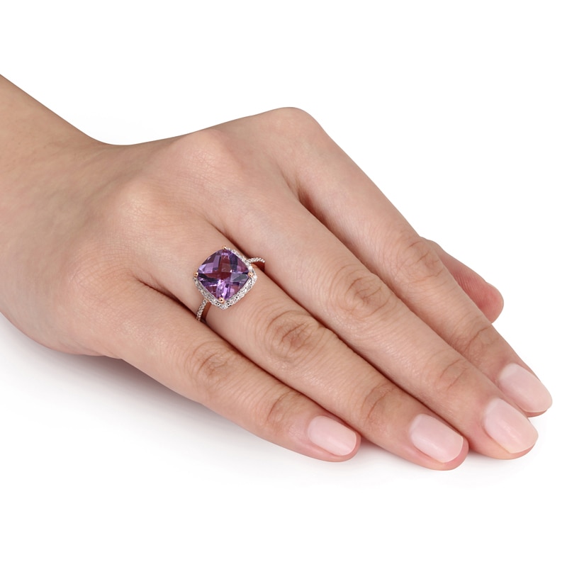 Main Image 3 of 10.0mm Cushion-Cut Amethyst and 0.10 CT. T.W. Diamond Frame Ring in 10K Rose Gold