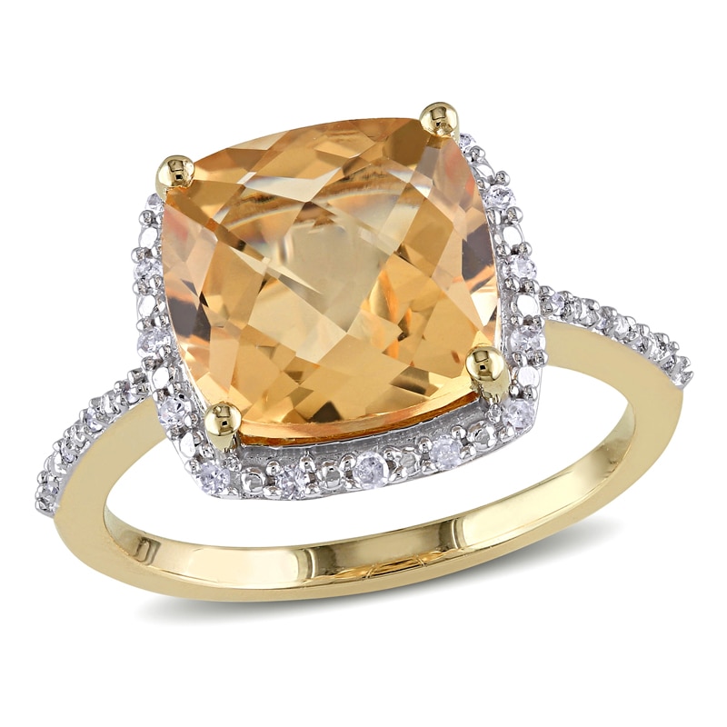 10.0mm Cushion-Cut Citrine and 0.10 CT. T.W. Diamond Frame Ring in 10K Gold|Peoples Jewellers