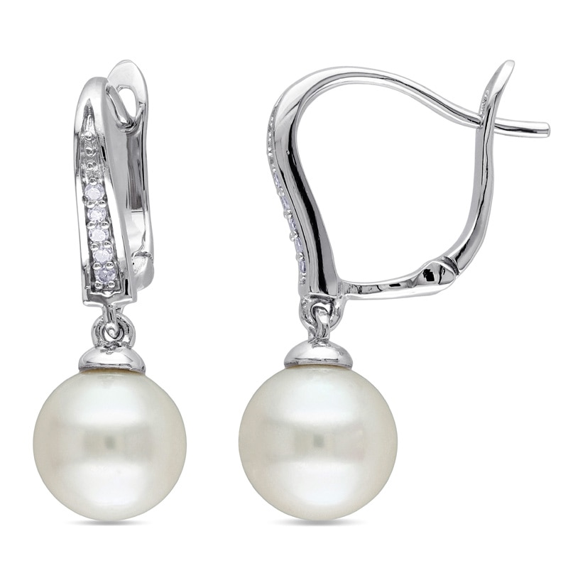 8.0 - 8.5mm Cultured Freshwater Pearl and 0.05 CT. T.W. Diamond Drop Earrings in Sterling Silver|Peoples Jewellers