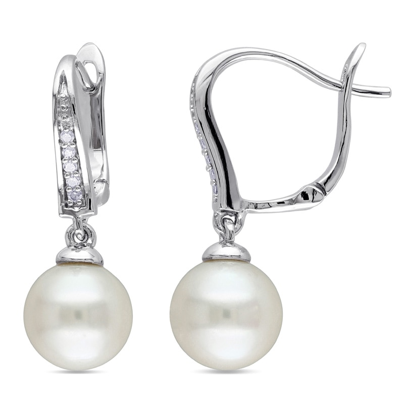 Main Image 1 of 8.0-8.5mm Freshwater Cultured Pearl and 0.05 CT. T.W. Diamond Drop Earrings in Sterling Silver