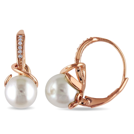 8.0-8.5mm Freshwater Cultured Pearl and 0.06 CT. T.W. Diamond Drop Earrings in Sterling Silver with Rose Rhodium