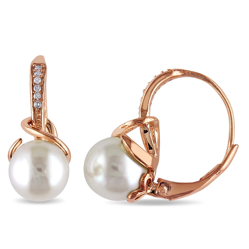 Main Image 1 of 8.0-8.5mm Freshwater Cultured Pearl and 0.06 CT. T.W. Diamond Drop Earrings in Sterling Silver with Rose Rhodium