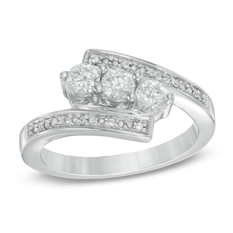 Lab-Created White Sapphire and Diamond Accent Three Stone Bypass Ring in Sterling Silver|Peoples Jewellers