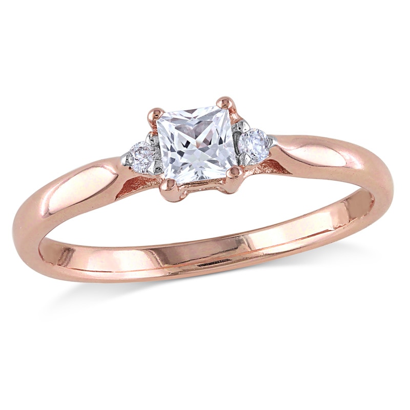 3.5.0mm Princess-Cut Lab-Created White Sapphire and Diamond Accent Promise Ring in Rose Rhodium Sterling Silver