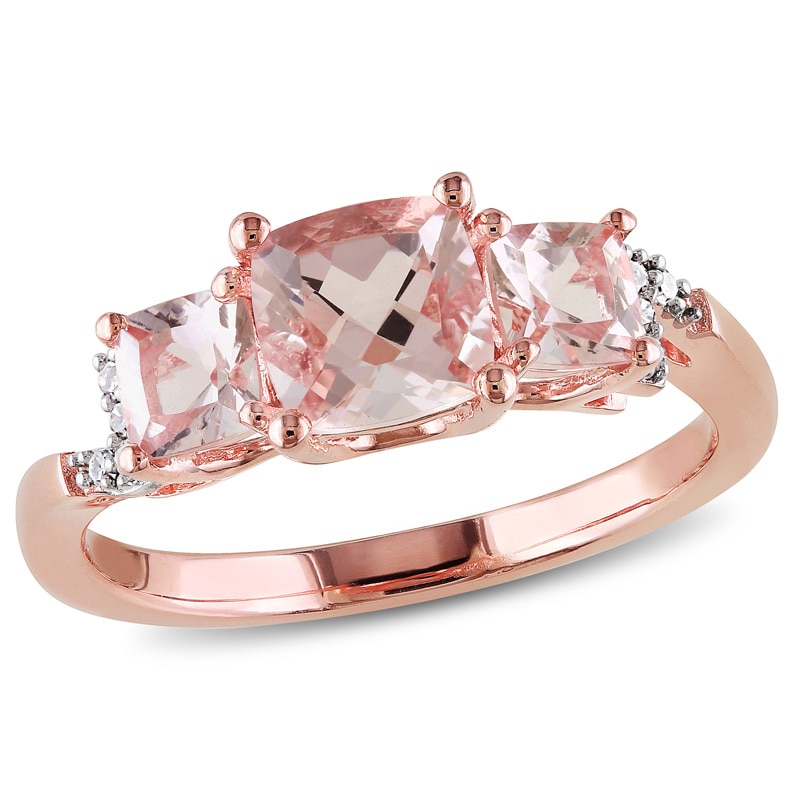 Main Image 1 of 6.0mm Cushion-Cut Morganite and 0.04 CT. T.W. Diamond Three Stone Ring in Sterling Silver with Rose Rhodium