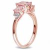 Thumbnail Image 2 of 6.0mm Cushion-Cut Morganite and 0.04 CT. T.W. Diamond Three Stone Ring in Sterling Silver with Rose Rhodium