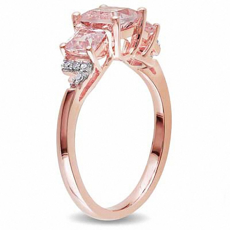 Main Image 2 of 6.0mm Cushion-Cut Morganite and 0.04 CT. T.W. Diamond Three Stone Ring in Sterling Silver with Rose Rhodium