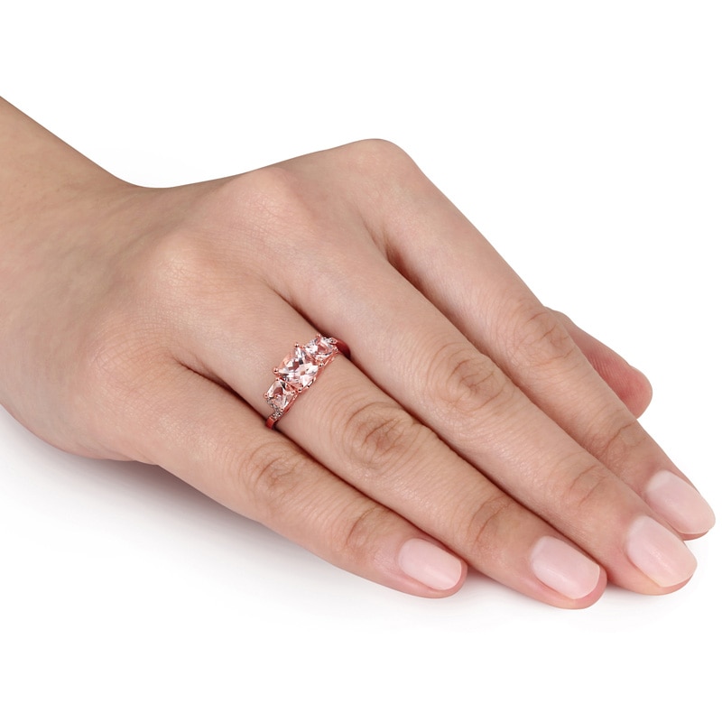 Main Image 3 of 6.0mm Cushion-Cut Morganite and 0.04 CT. T.W. Diamond Three Stone Ring in Sterling Silver with Rose Rhodium
