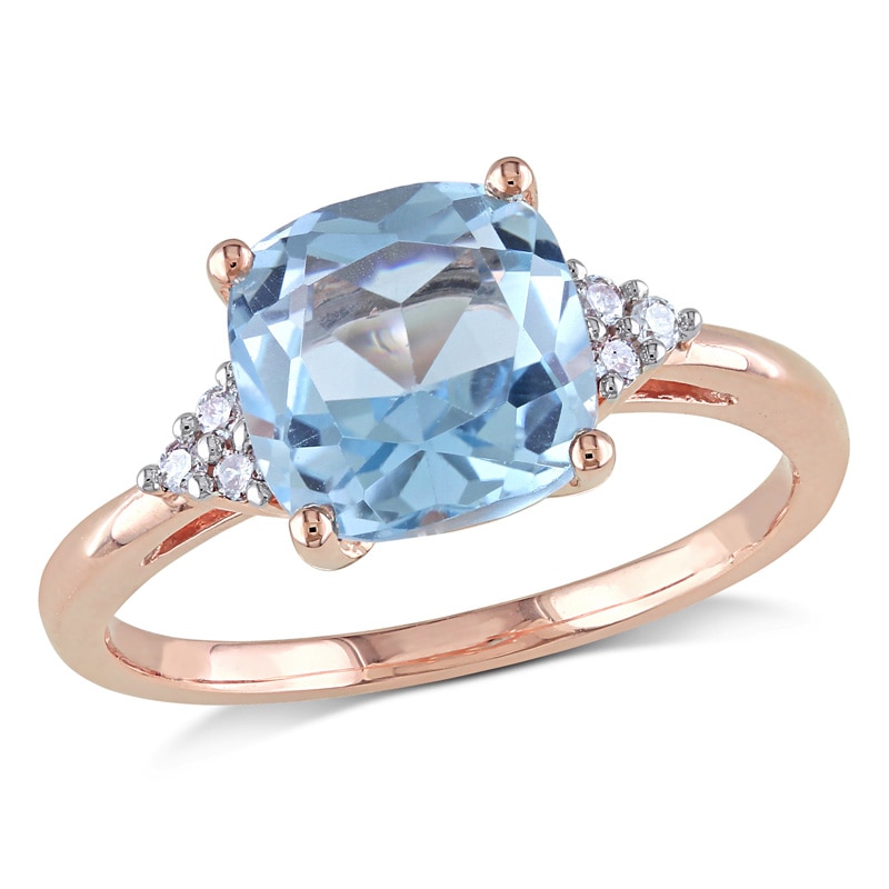 Main Image 1 of 8.0mm Cushion-Cut Sky Blue Topaz and 0.06 CT. T.W. Diamond Ring in 10K Rose Gold