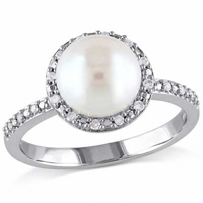 8.0 - 8.5mm Cultured Freshwater Pearl and 0.10 CT. T.W. Diamond Frame Ring in Sterling Silver