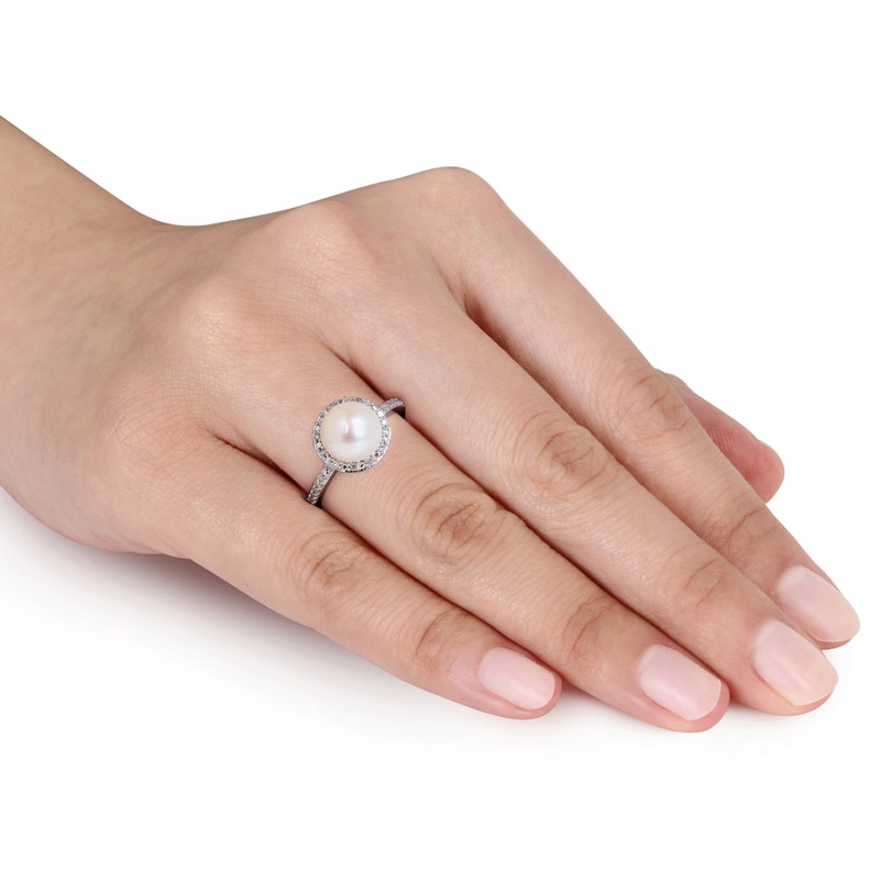Main Image 3 of 8.0-8.5mm Freshwater Cultured Pearl and 0.10 CT. T.W. Diamond Frame Ring in Sterling Silver