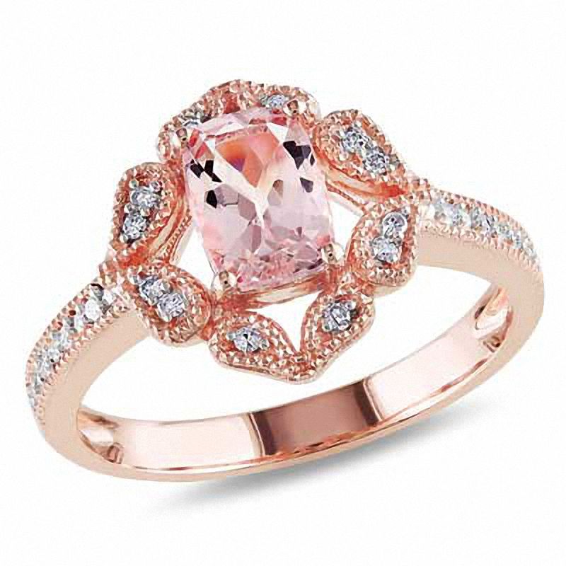 Cushion-Cut Morganite and 0.09 CT. T.W. Diamond Vintage-Style Ring in 10K Rose Gold