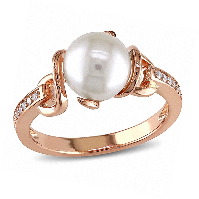 8.0 - 8.5mm Cultured Freshwater Pearl and 0.06 CT. T.W. Diamond Ring in Sterling Silver with Rose Rhodium