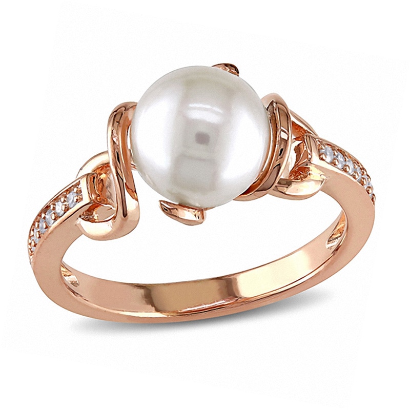 8.0 - 8.5mm Cultured Freshwater Pearl and 0.06 CT. T.W. Diamond Ring in Sterling Silver with Rose Rhodium|Peoples Jewellers