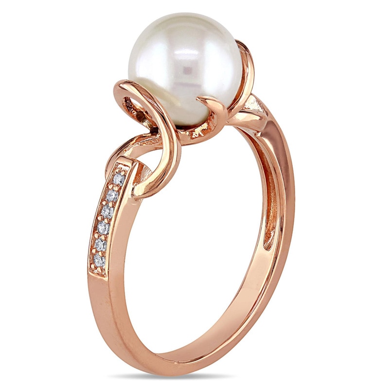 8.0 - 8.5mm Cultured Freshwater Pearl and 0.06 CT. T.W. Diamond Ring in Sterling Silver with Rose Rhodium