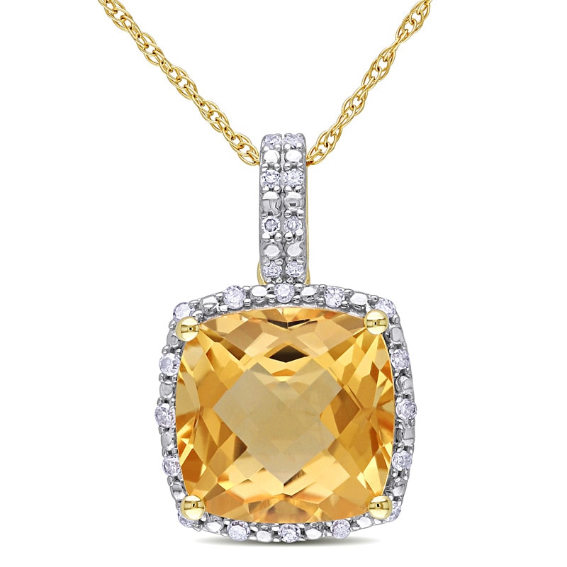 10.0mm Cushion-Cut Citrine and 0.10 CT. T.W. Diamond Frame Pendant in 10K Gold - 17"|Peoples Jewellers