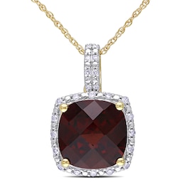 10.0mm Cushion-Cut Garnet and 0.10 CT. T.W. Diamond Frame Pendant in 10K Gold - 17&quot;