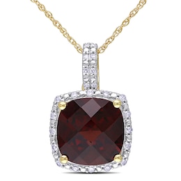 10.0mm Cushion-Cut Garnet and 0.10 CT. T.W. Diamond Frame Pendant in 10K Gold - 17"