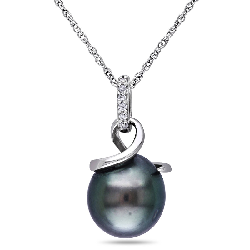 8.0 - 8.5mm Black Cultured Tahitian Pearl and Diamond Accent Swirl Pendant in 10K White Gold - 17"