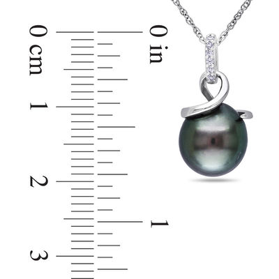 8.0-8.5mm Black Tahitian Cultured Pearl and Diamond Accent Swirl Pendant in 10K White Gold-17"
