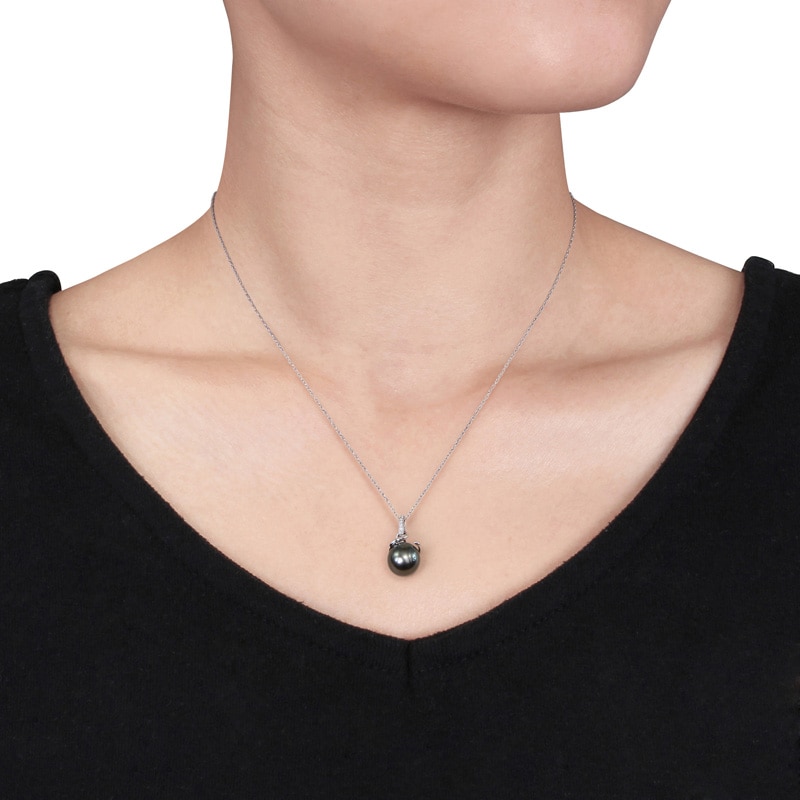 8.0 - 8.5mm Black Cultured Tahitian Pearl and Diamond Accent Swirl Pendant in 10K White Gold - 17"