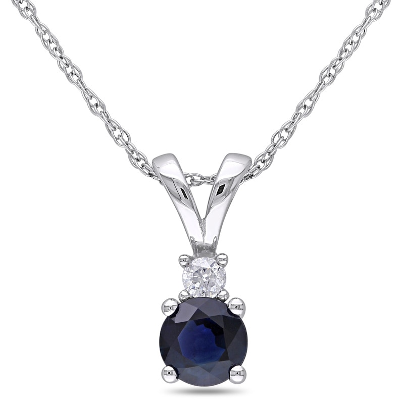 5.0mm Blue Sapphire and Diamond Accent Pendant in 10K White Gold - 17"|Peoples Jewellers