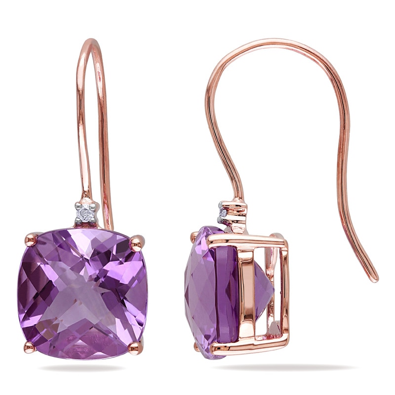 Main Image 1 of 10.0mm Cushion-Cut Amethyst and Diamond Accent Drop Earrings in 10K Rose Gold