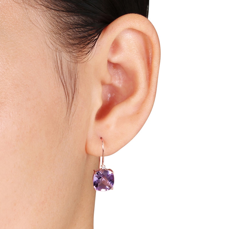 Main Image 3 of 10.0mm Cushion-Cut Amethyst and Diamond Accent Drop Earrings in 10K Rose Gold