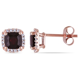 5.0mm Cushion-Cut Garnet and 0.09 CT. T.W. Diamond Stud Earrings in 10K Rose Gold