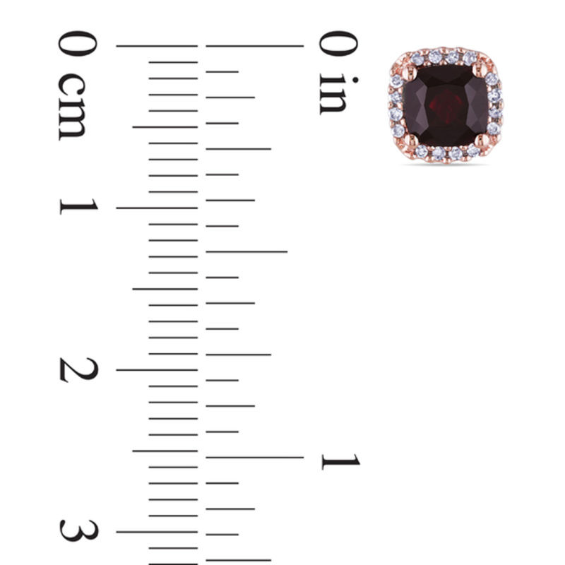 Main Image 2 of 5.0mm Cushion-Cut Garnet and 0.09 CT. T.W. Diamond Stud Earrings in 10K Rose Gold
