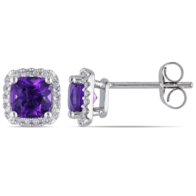 5.0mm Cushion-Cut Amethyst and 0.09 CT. T.W. Diamond Stud Earrings in 10K White Gold|Peoples Jewellers