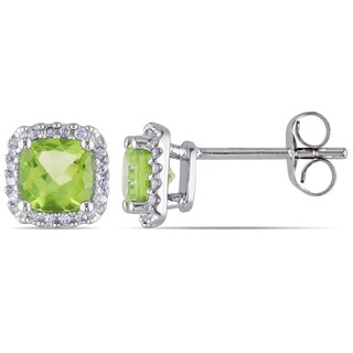 5 0mm Cushion Cut Peridot And 0 09 Ct T W Diamond Stud Earrings
