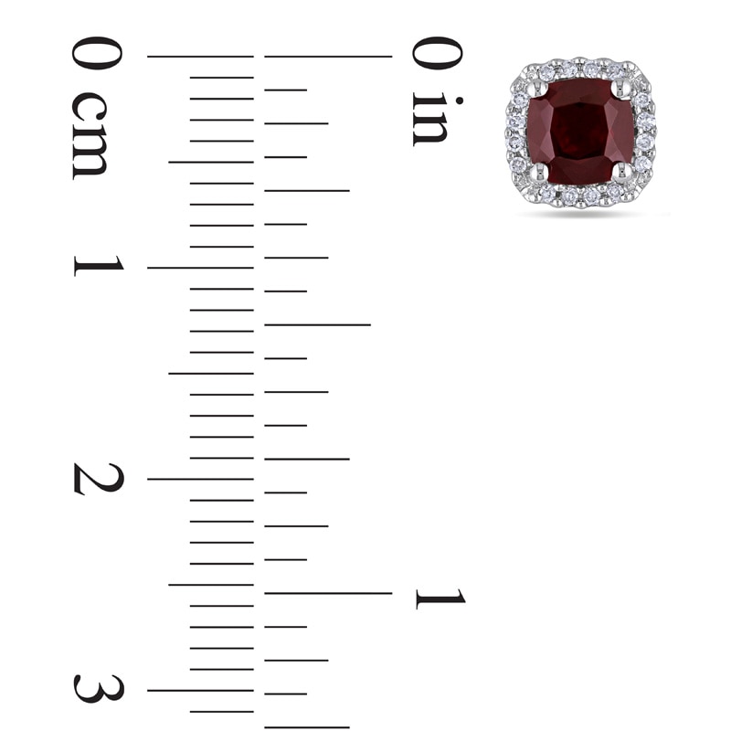 Main Image 2 of 5.0mm Cushion-Cut Garnet and 0.09 CT. T.W. Diamond Stud Earrings in 10K White Gold