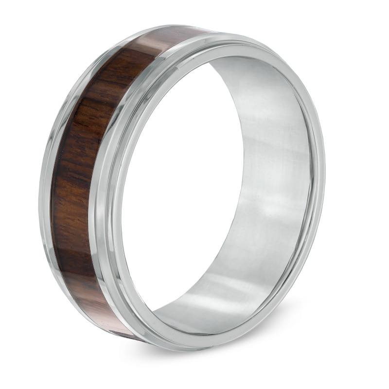 Men's 8.0mm Comfort Fit Stainless Steel and Wood Grain Carbon Fiber Inlay Wedding Band - Size 10