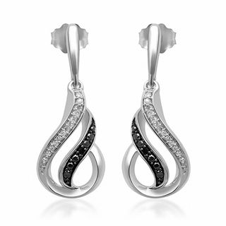 Enhanced Black and White Diamond Accent Flame Drop Earrings in Sterling Silver