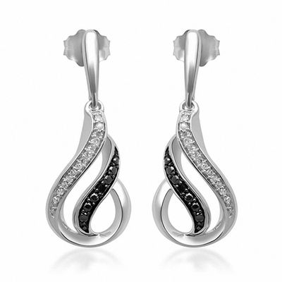 Enhanced Black and White Diamond Accent Flame Drop Earrings in Sterling Silver