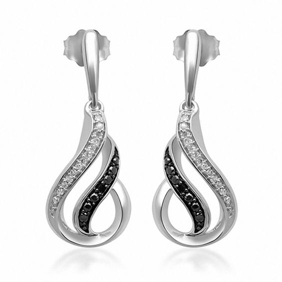 Enhanced Black and White Diamond Accent Flame Drop Earrings in Sterling Silver